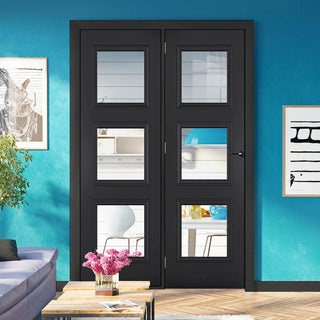 Image: ThruEasi Room Divider - Antwerp 3 Pane Black Primed Clear Glass Unfinished Door with Single Side
