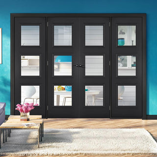 Image: ThruEasi Room Divider - Antwerp 3 Pane Black Primed Clear Glass Unfinished Double Doors with Double Sides