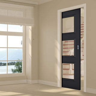 Image: Antwerp 3 Pane Black Primed Single Evokit Pocket Door - Clear Glass