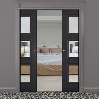 Image: Antwerp 3 Pane Black Primed Double Evokit Pocket Doors - Clear Glass