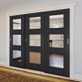 Image: Pass-Easi Three Sliding Doors and Frame Kit - Antwerp 3 Pane Black Primed Door - Clear Glass
