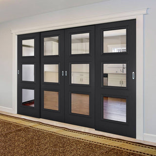 Image: Pass-Easi Four Sliding Doors and Frame Kit - Antwerp 3 Pane Black Primed Door - Clear Glass