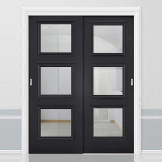 Image: Pass-Easi Two Sliding Doors and Frame Kit - Antwerp 3 Pane Black Primed Door - Clear Glass