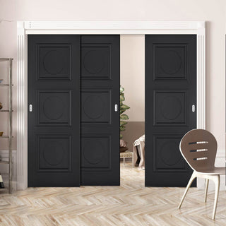 Image: Pass-Easi Three Sliding Doors and Frame Kit - Antwerp 3 Panel Black Primed Door
