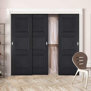 Image: Minimalist Wardrobe Door & Frame Kit - Three Antwerp 3 Panel Black Primed Door