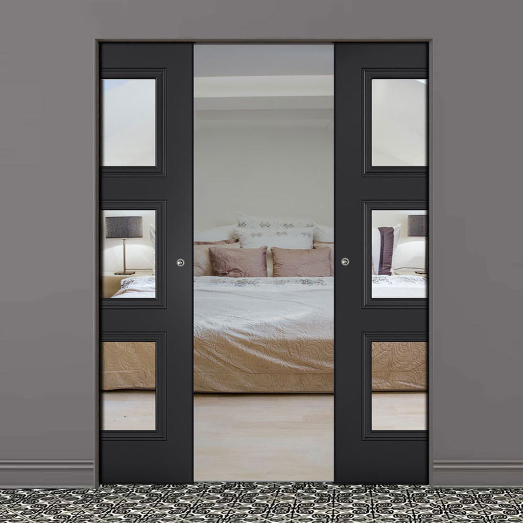 Antwerp 3 Pane Black Primed Absolute Evokit Double Pocket Door - Clear Glass