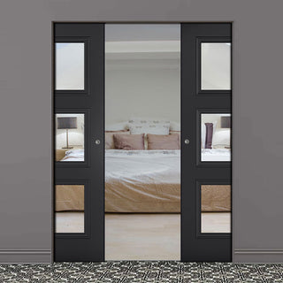 Image: Antwerp 3 Pane Black Primed Absolute Evokit Double Pocket Door - Clear Glass