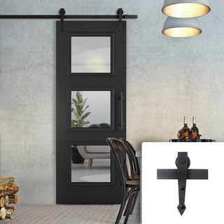 Image: Single Sliding Door & Arrowhead Black Track - Antwerp 3 Pane Black Primed Door - Clear Glass