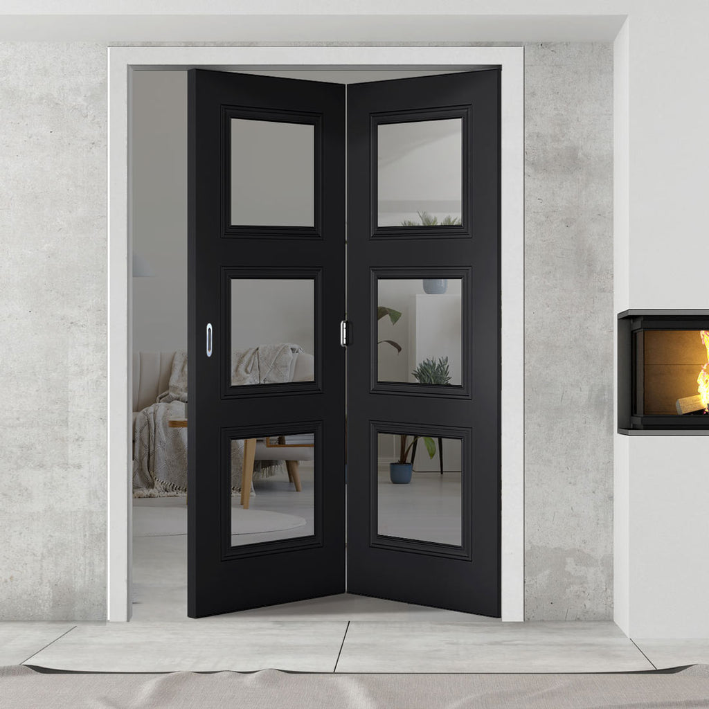 Two Folding Doors & Frame Kit - Antwerp 3 Pane Black Primed 2+0 - Clear Glass