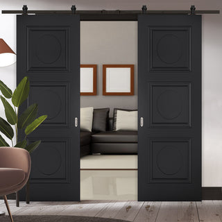 Image: Top Mounted Black Sliding Track & Double Door - Antwerp 3 Panel Black Primed Doors