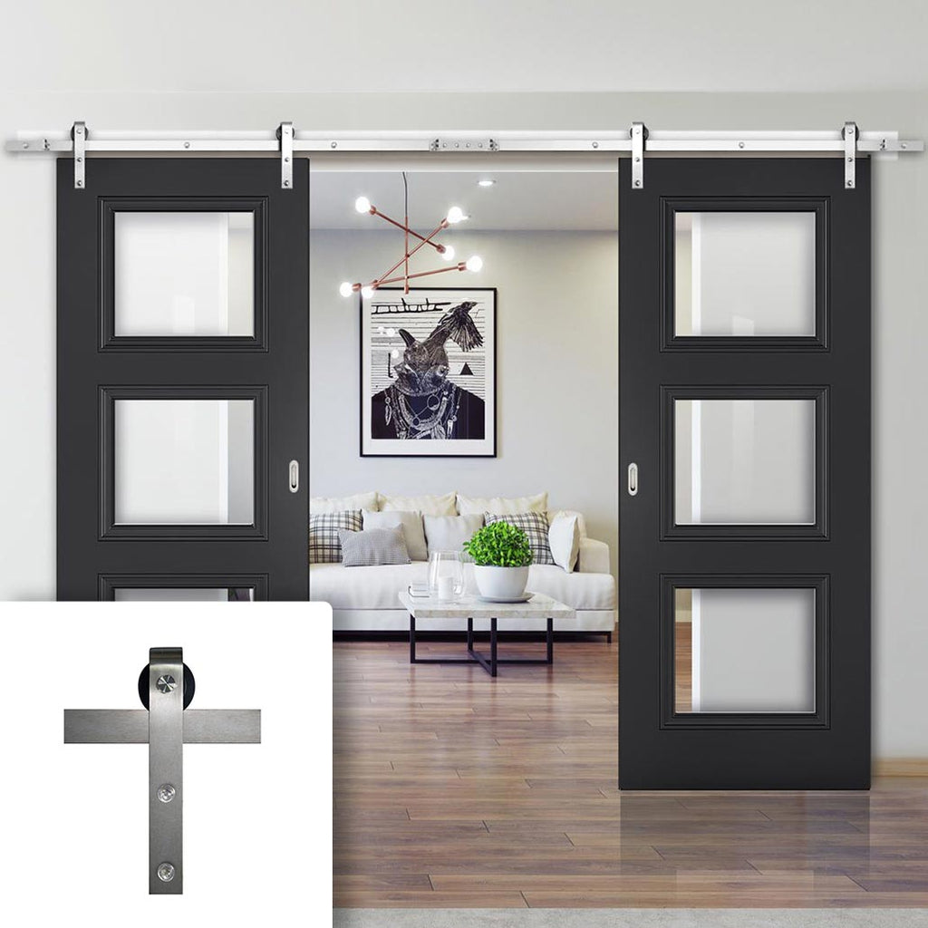 Double Sliding Door & Stainless Steel Barn Track - Antwerp 3 Pane Black Primed Door - Clear Glass