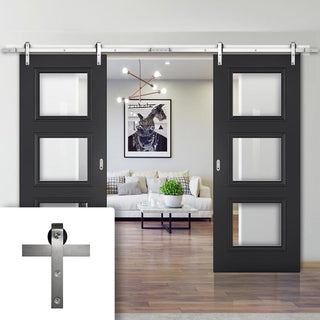 Image: Double Sliding Door & Stainless Steel Barn Track - Antwerp 3 Pane Black Primed Door - Clear Glass