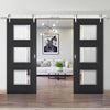 Double Sliding Door & Stainless Steel Barn Track - Antwerp 3 Pane Black Primed Door - Clear Glass