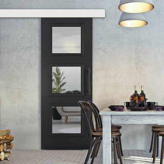 Image: Single Sliding Door & Wall Track - Antwerp 3 Pane Black Primed Door - Clear Glass