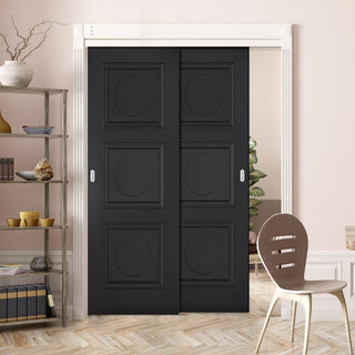 Image: Pass-Easi Two Sliding Doors and Frame Kit - Antwerp 3 Panel Black Primed Door