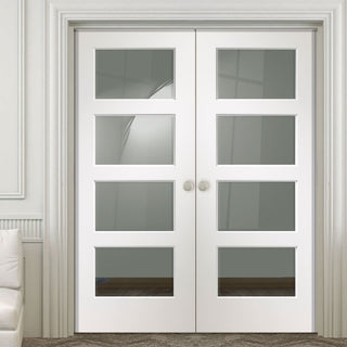 Image: Severo White 4 Pane Door Pair - Clear Bevelled Glass - Prefinished