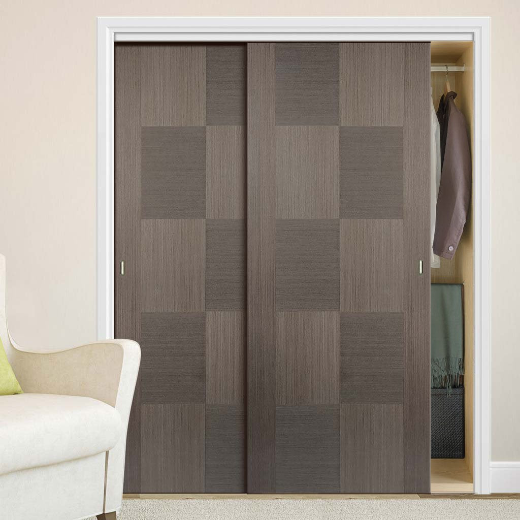 Two Sliding Wardrobe Doors & Frame Kit - Apollo Flush Chocolate Grey Door - Prefinished