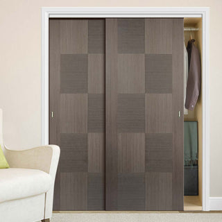 Image: Two Sliding Wardrobe Doors & Frame Kit - Apollo Flush Chocolate Grey Door - Prefinished