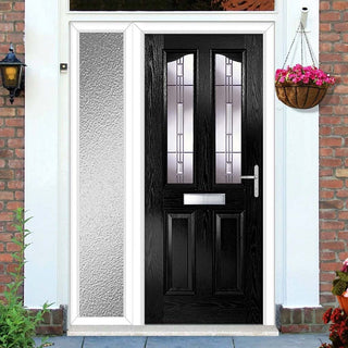 Image: Premium Composite Front Door Set with One Side Screen - Aprilla 2 Barite Glass - Shown in Black
