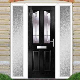 Image: Premium Composite Front Door Set with Two Side Screens - Aprilla 2 Barite Glass - Shown in Black