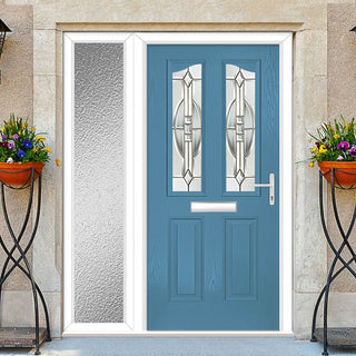 Image: Premium Composite Front Door Set with One Side Screen - Aprilla 2 Mirage Glass - Shown in Pastel Blue