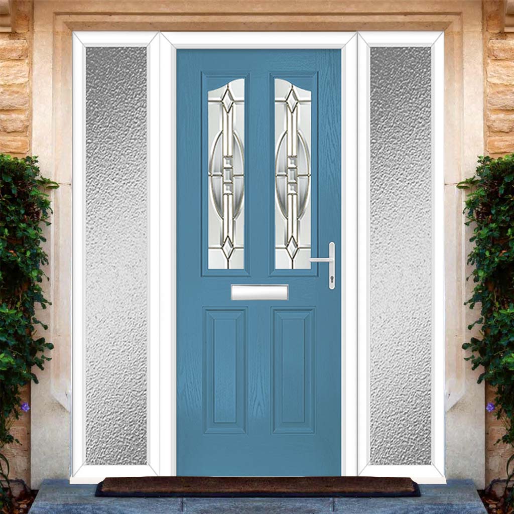 Premium Composite Front Door Set with Two Side Screens - Aprilla 2 Mirage Glass - Shown in Pastel Blue