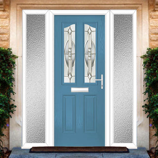Image: Premium Composite Front Door Set with Two Side Screens - Aprilla 2 Mirage Glass - Shown in Pastel Blue