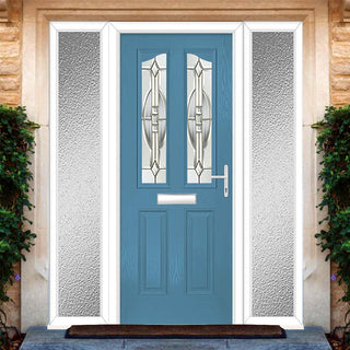 Image: Premium Composite Front Door Set with Two Side Screens - Aprilla 2 Mirage Glass - Shown in Pastel Blue