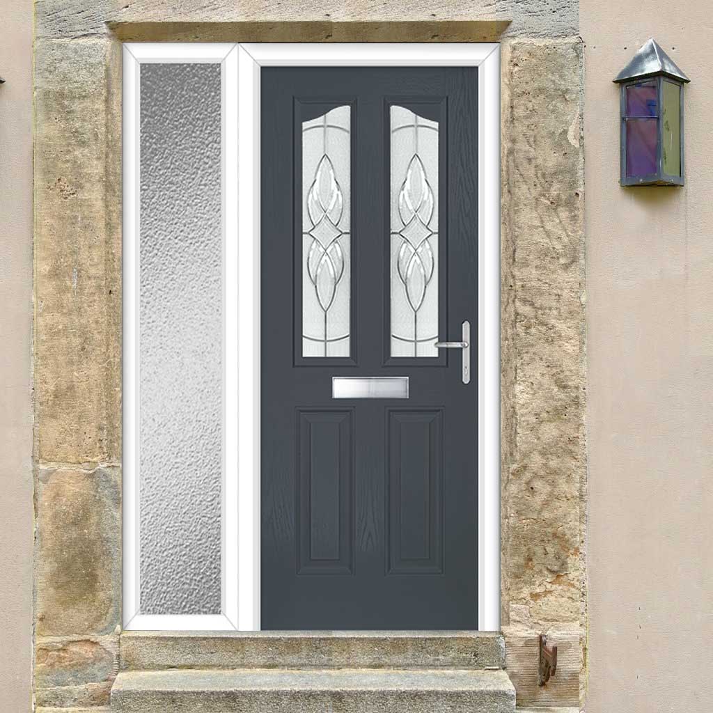 Premium Composite Front Door Set with One Side Screen - Aprilla 2 Seaton Glass - Shown in Slate Grey