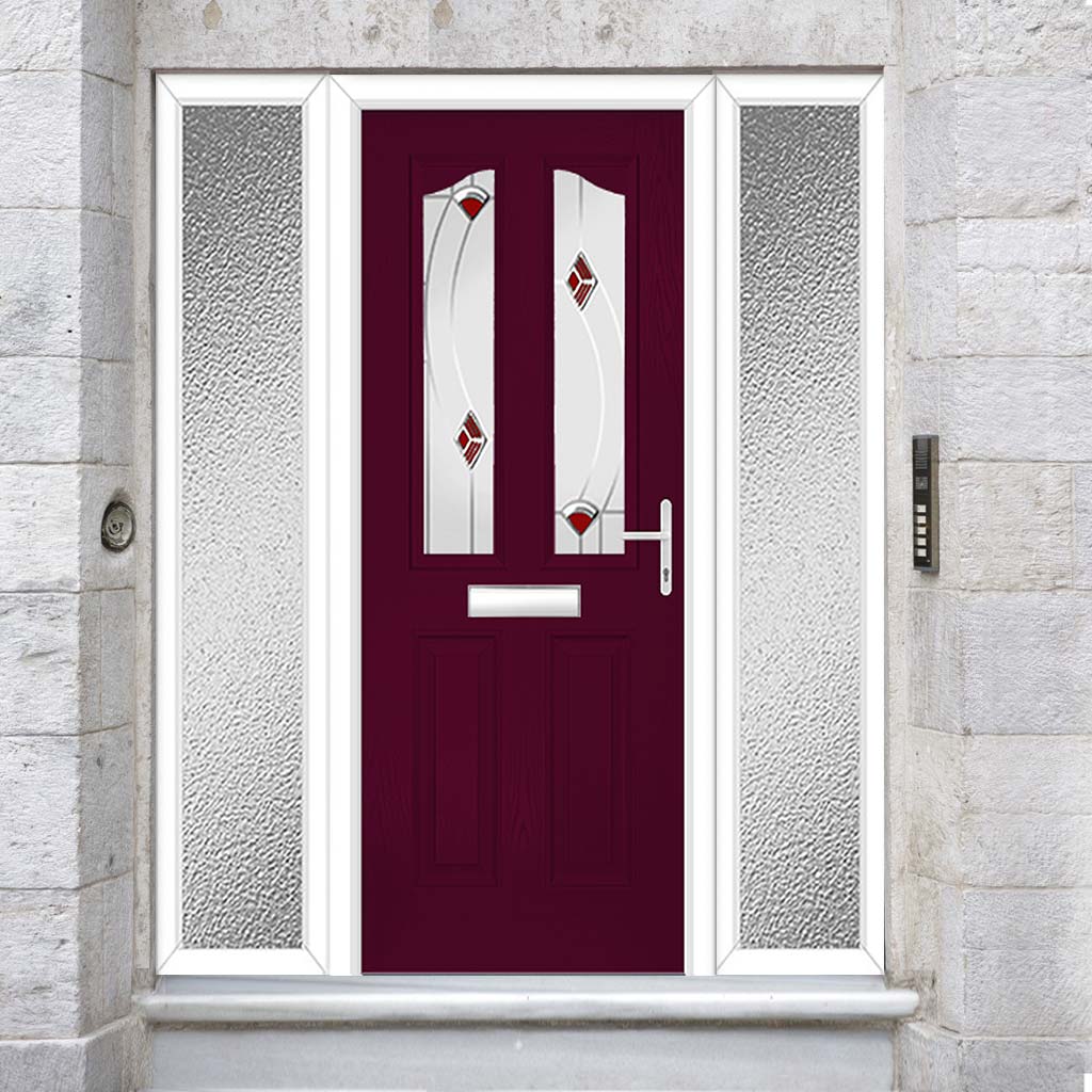 Premium Composite Entrance Door Set with Two Side Screens - Aprilla 2 Kupang Red Glass - Shown in Purple Violet
