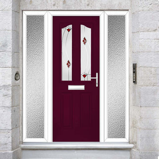 Image: Premium Composite Front Door Set with Two Side Screens - Aprilla 2 Kupang Red Glass - Shown in Purple Violet