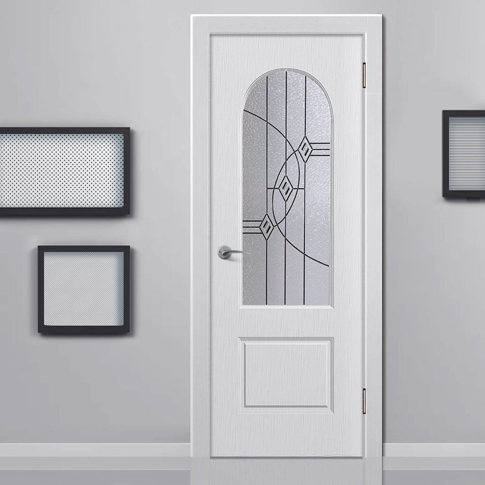 White PVC arched top door with lightly grained faces montrose fusion 3 bevel style toughened clear glass 