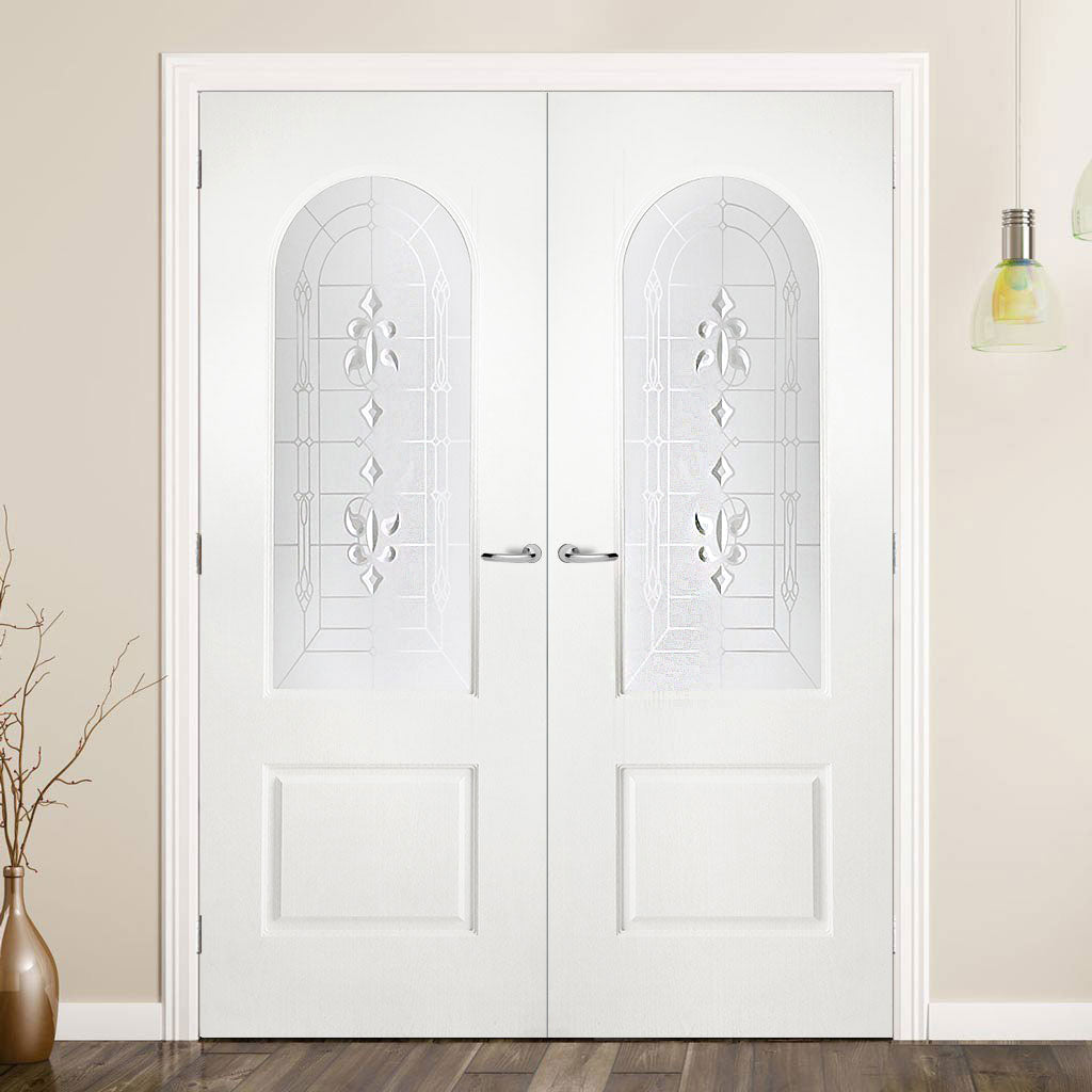 Arched Top Lightly Grained Internal PVC Door Pair - Sandblast Regal Style Glass