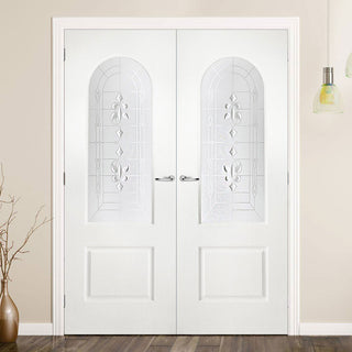 Image: Arched Top Lightly Grained Internal PVC Door Pair - Sandblast Regal Style Glass
