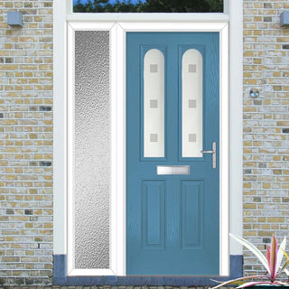 Image: Premium Composite Front Door Set with One Side Screen - Arnage 2 Sandblast Ellie Glass - Shown in Pastel Blue