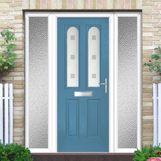 Image: Premium Composite Front Door Set with Two Side Screens - Arnage 2 Sandblast Ellie Glass - Shown in Pastel Blue