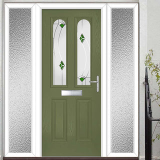 Image: Premium Composite Front Door Set with Two Side Screens - Arnage 2 Kupang Green Glass - Shown in Reed Green