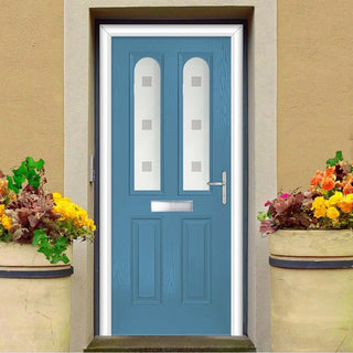 Image: Premium Composite Front Door Set - Arnage 2 Sandblast Ellie Glass - Shown in Pastel Blue