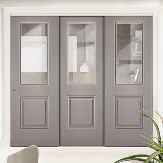 Image: Three Sliding Doors and Frame Kit - Arnhem Grey Primed Door - Clear Glass - Unfinished