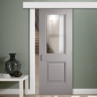Image: Single Sliding Door & Wall Track - Arnhem Grey Primed Door - Clear Glass - Unfinished