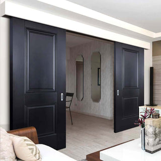 Image: Double Sliding Door & Wall Track - Arnhem 2 Panel Black Primed Doors - Unfinished