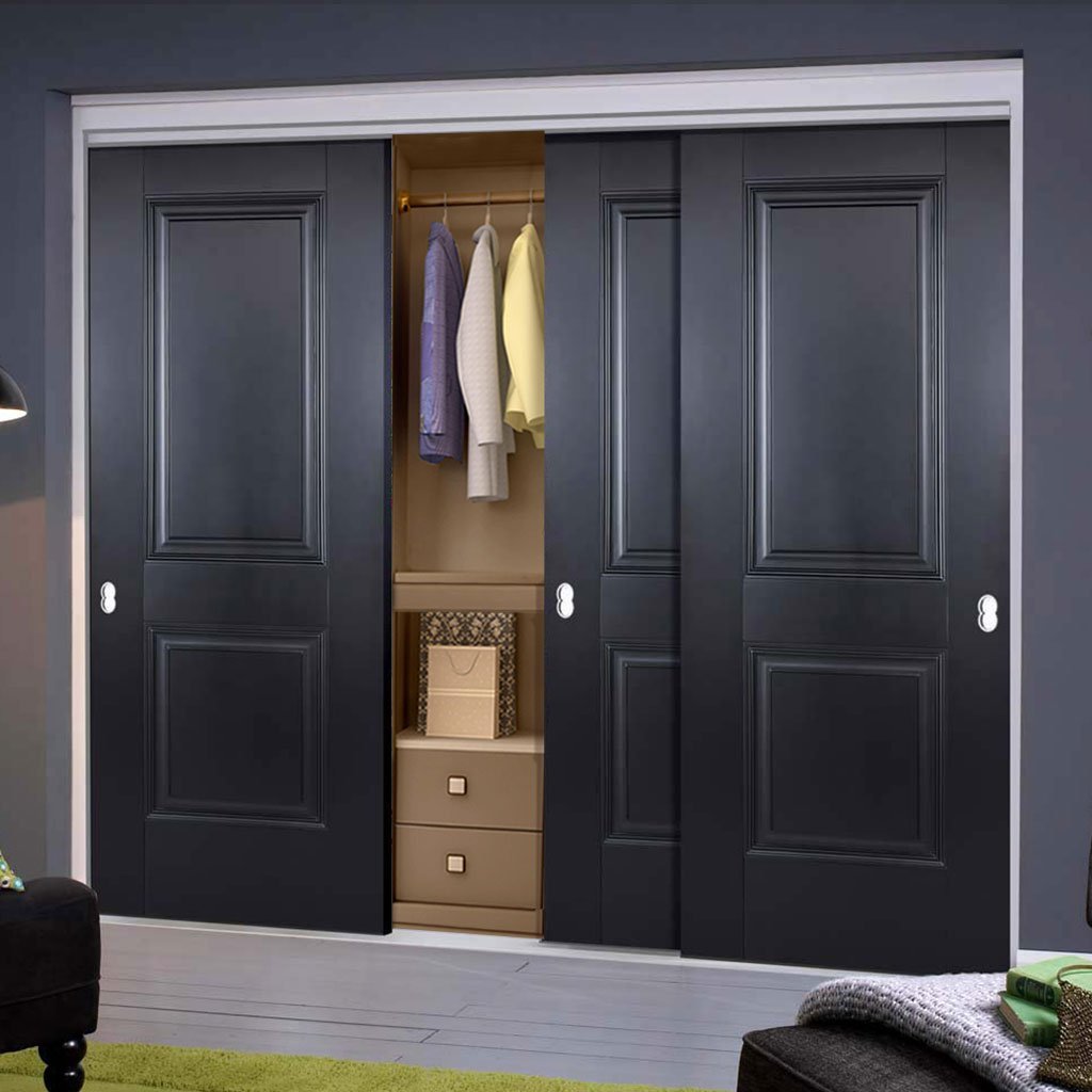 Minimalist Wardrobe Door & Frame Kit - Three Arnhem 2 Panel Black Primed Doors - Unfinished