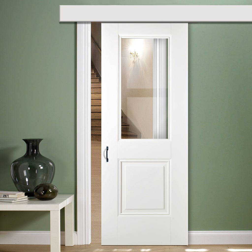 Single Sliding Door & Wall Track - Arnhem 1 Pane 1 Panel Door - Clear Glass - White Primed