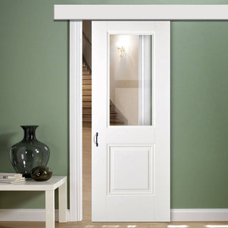 Image: Single Sliding Door & Wall Track - Arnhem 1 Pane 1 Panel Door - Clear Glass - White Primed