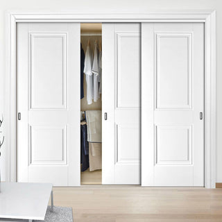 Image: Minimalist Wardrobe Door & Frame Kit - Three Arnhem 2 Panel Doors - White Primed 