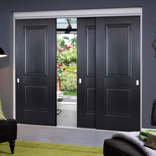 Image: Three Sliding Doors and Frame Kit - Arnhem 2 Panel Black Primed Door - Unfinished