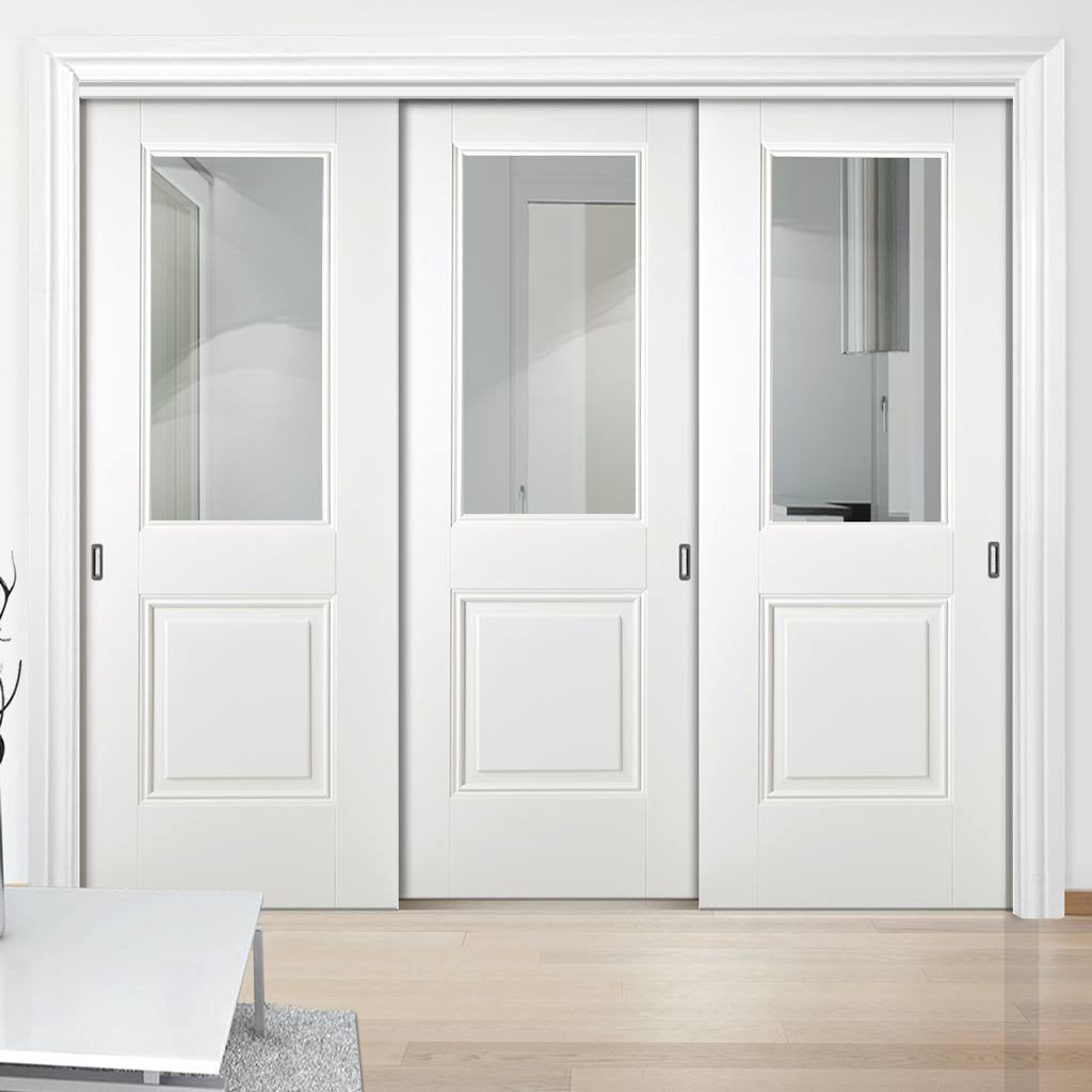 Three Sliding Doors and Frame Kit - Arnhem 1 Pane 1 Panel Door - Clear Glass - White Primed