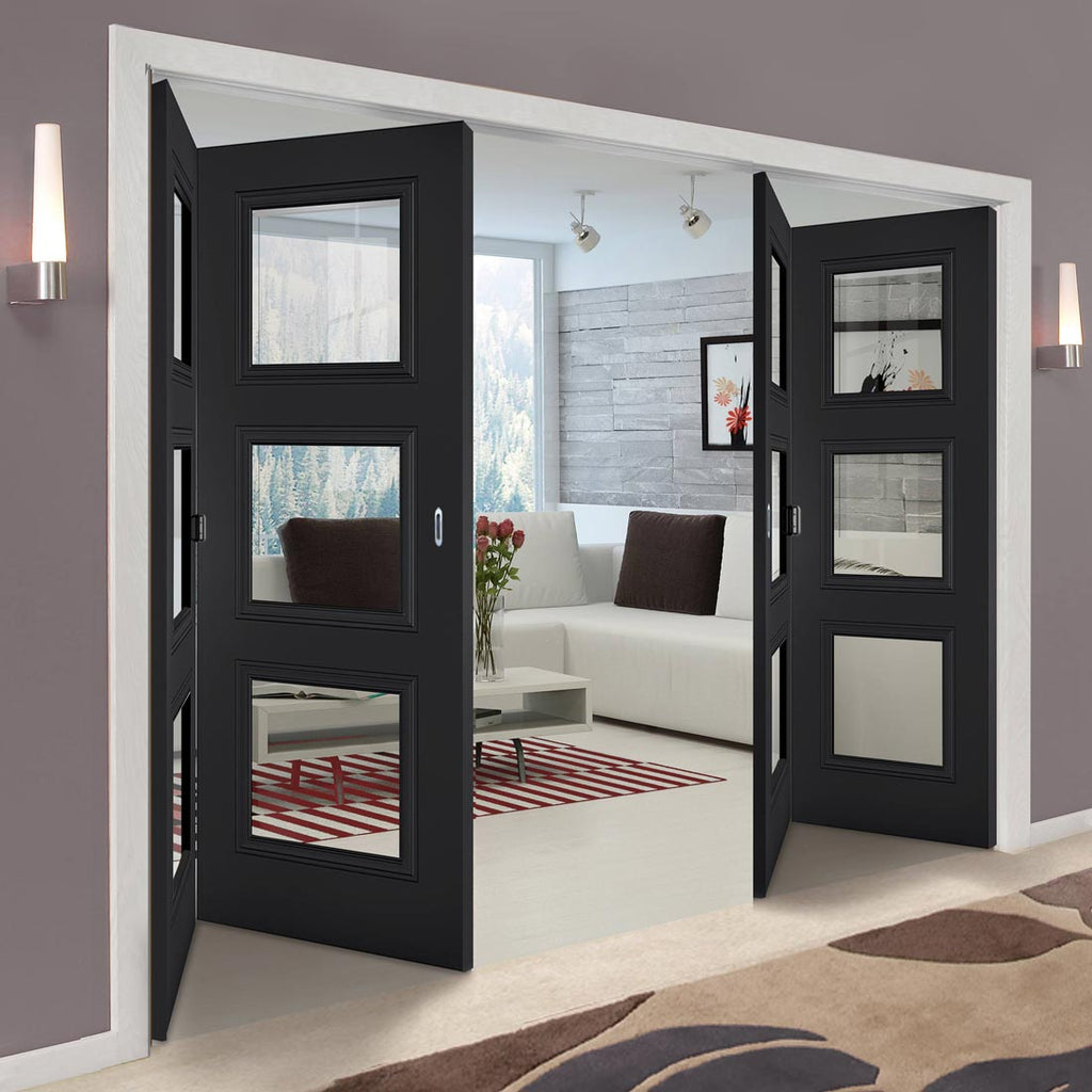 Four Folding Doors & Frame Kit - Antwerp 3 Pane Black Primed 2+2 - Clear Glass