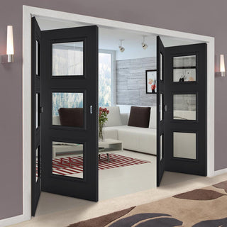 Image: Four Folding Doors & Frame Kit - Antwerp 3 Pane Black Primed 2+2 - Clear Glass