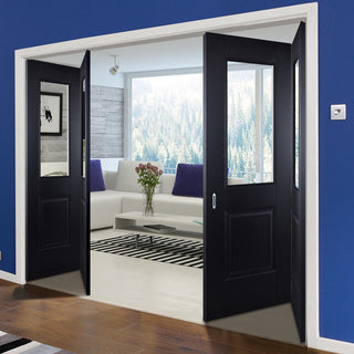 Image: Four Folding Doors & Frame Kit - Arnhem Black Primed 2+2 - Clear Glass - Unfinished